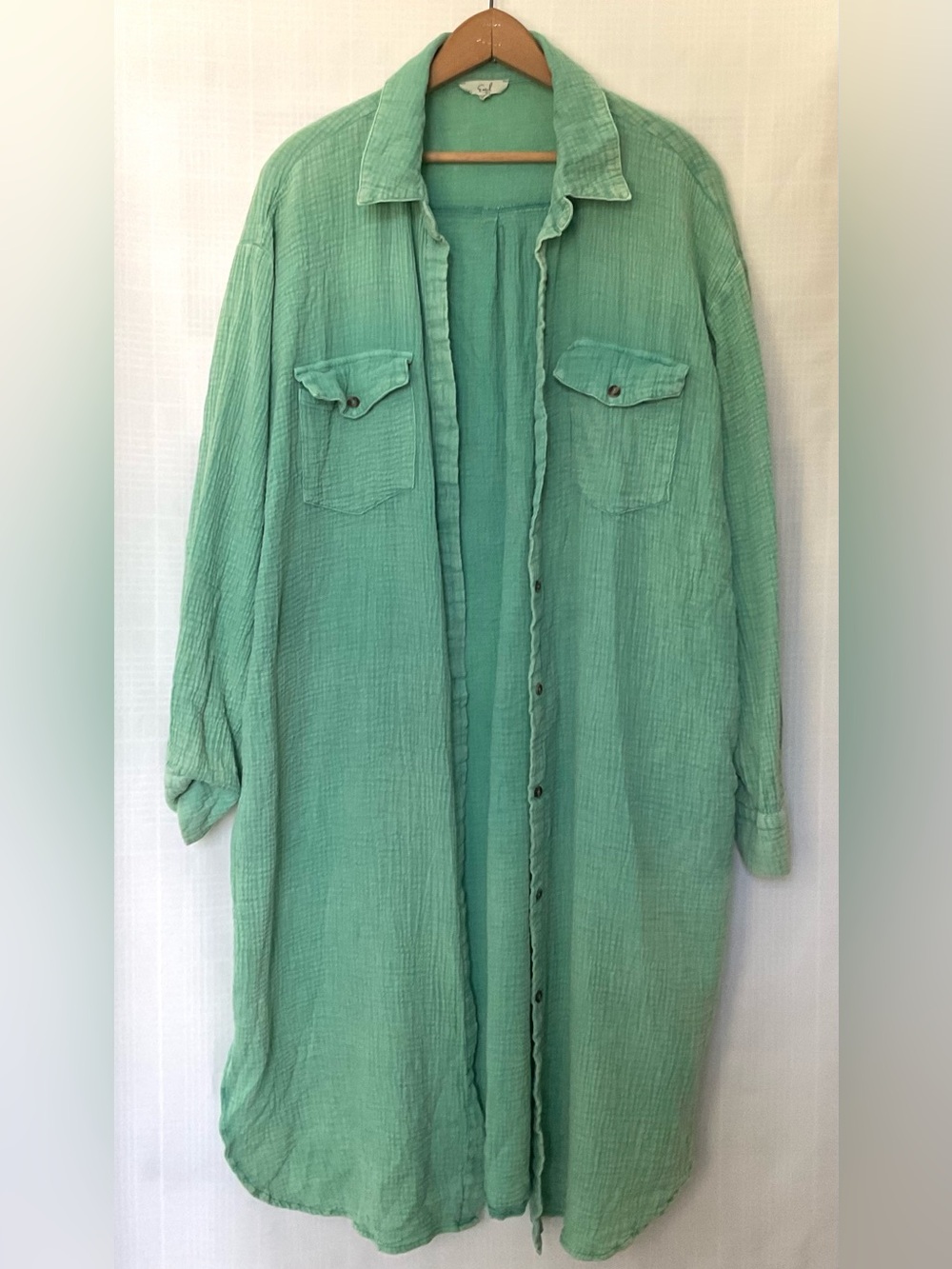 easel Mint Green Long Sleeve Button-Front duster